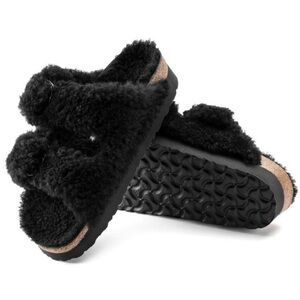 New Birkenstock Papillio Arizona Black Shearling Big Buckle Sandals Shoes 39 8